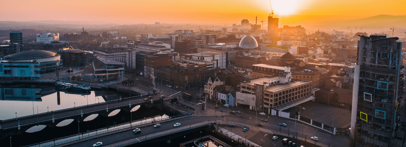 Aerial shot of the Belfast Skyline on a balmy evening