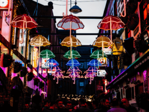 The hanging umbrellas outside the Duke of York bar in Cathedral Quarter Belfast