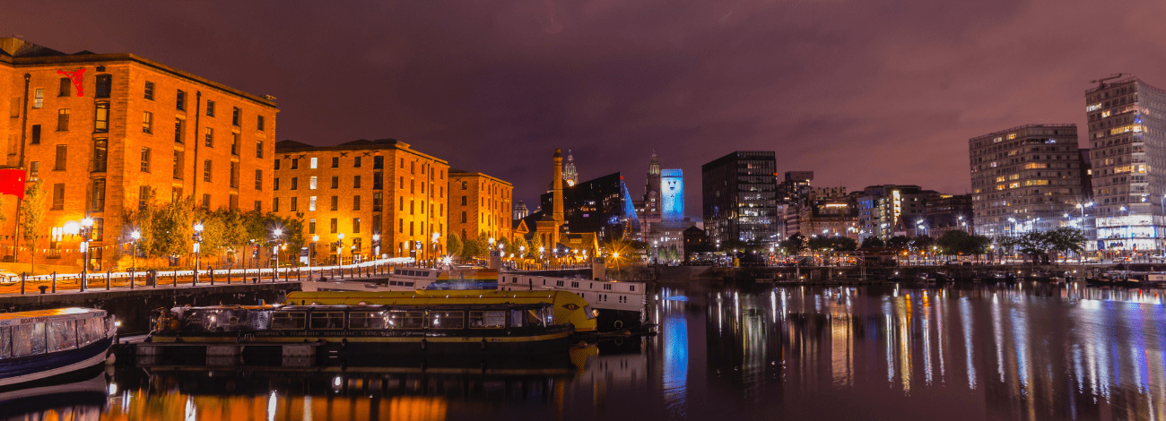 The Docks of Liverpool at night with water and boats