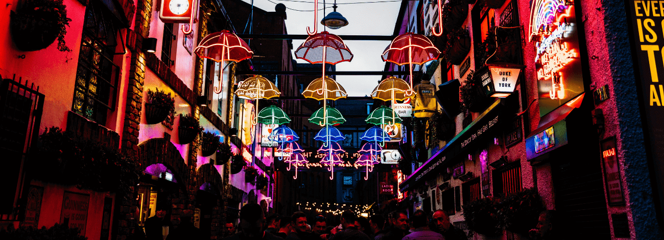 The hanging umbrellas outside the Duke of York bar in Cathedral Quarter Belfast