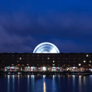 Albert Dock water and buildings in Liverpool at night