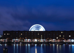 Albert Dock water and buildings in Liverpool at night