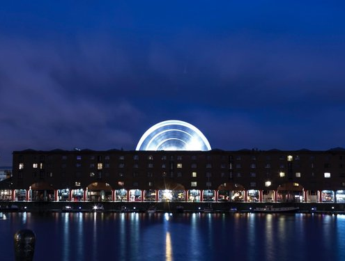 Albert Dock water and buildings in Liverpool at night