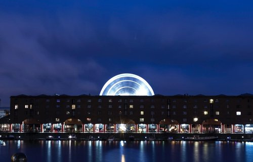 Albert Dock water and buildings in Liverpool at night