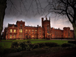 Shot of Queen's University Belfast main building and gardens